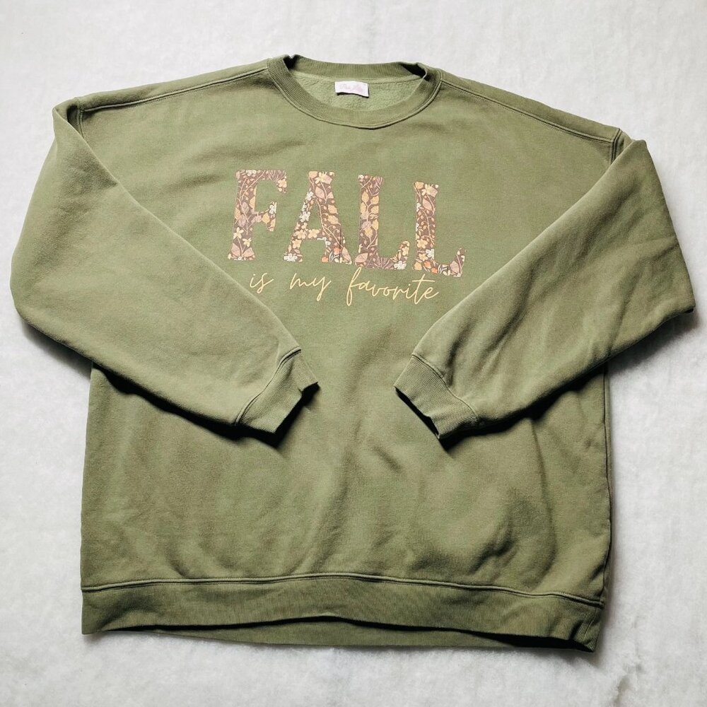 Pink Lily Womens Olive Green Fleece Fall Is My Favorite Sweatshirt Size L